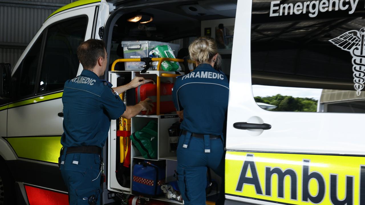 A man in his 50’s is being attended by paramedics for serious leg injuries after a collison with a car near Boondoomba Dam. June 4, 2023.