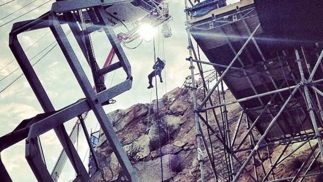 Long way down ... The Rock refuses to take the stairs on the set of San Andreas. Picture: Instagram