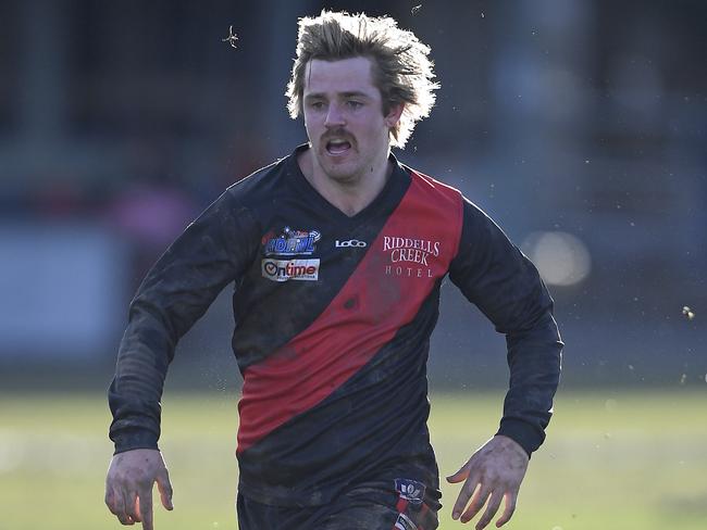 RiddellÃs Riley Paterson during the RDFL football match between Riddell and Woodend-Hesket in Riddells Creek, Saturday, June 26, 2021. Picture: Andy Brownbill