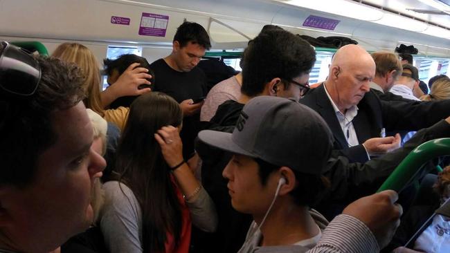 A crowded V/Line train from Footscray to Geelong.