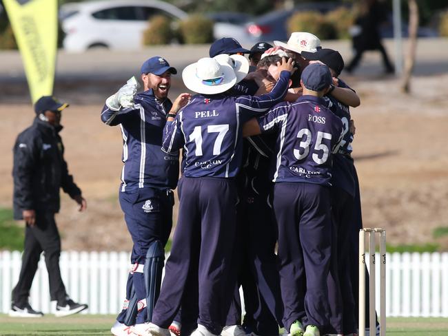 Carlton celebrates its one-run win in the national T20 final. Picture: Dean Martin