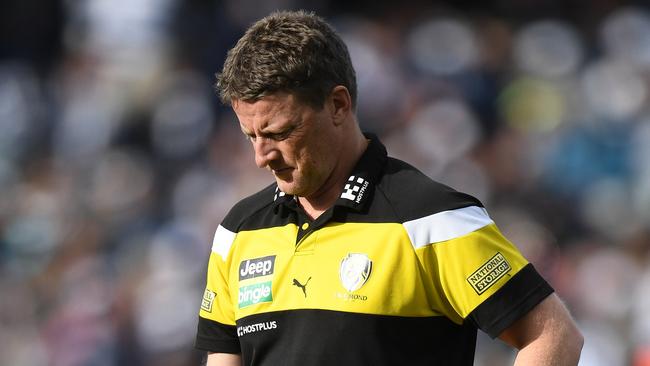 Tigers coach Damien Hardwick wasn’t happy with the free kick count. Picture: AAP