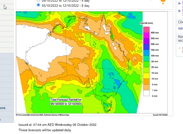 Forecast rainfall, eight days from October 5