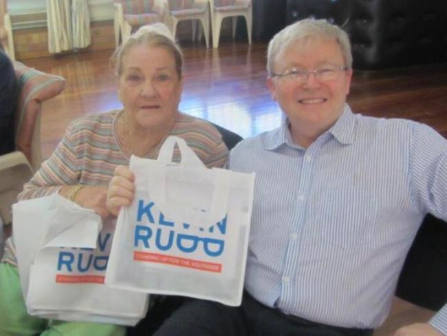 Best buddies … A photo with Vilma Ward from Kevin Rudd’s Facebook account from when he visited Bulimba Seniors Citizens Club to hand out some Rudd-branded tote bags. Picture: Facebook