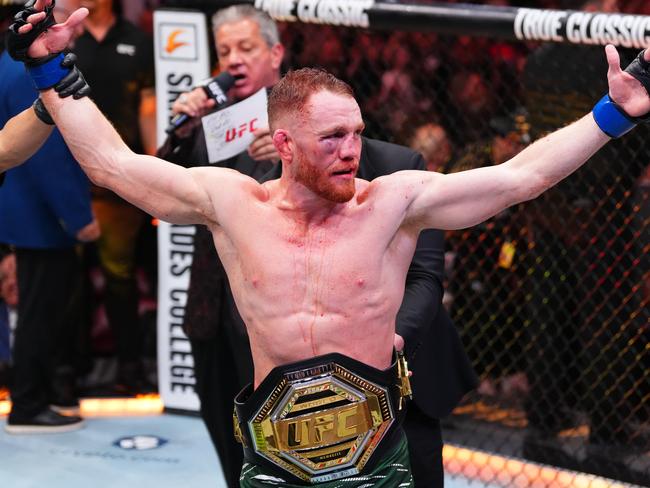 MONTREAL, QUEBEC - MAY 10: Jack Della Maddalena of Australia reacts after his victory against Belal Muhammad in the UFC welterweight championship bout during the UFC 315 event at Bell Centre on May 10, 2025 in Montreal, Quebec. (Photo by Cooper Neill/Zuffa LLC)