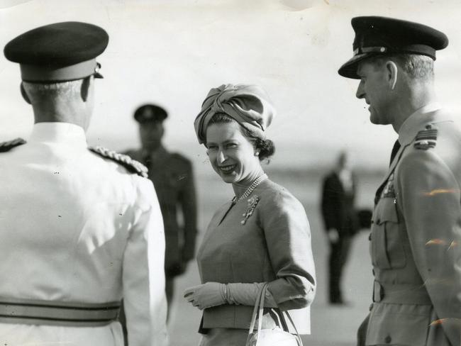 The Queen and Prince Philip, being welcomed by Governor Sir Edric Bastyan on their arrival at Adelaide Airport on February 19, 1963.