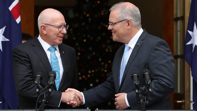 David Hurley, left, and Scott Morrison. Asset Energy is challenging Morrison’s role in scuttling its PEP-11 exploration permit amid revelations he was granted powers by Hurley to overrule then resources minister Keith Pitt. Picture Kym Smith