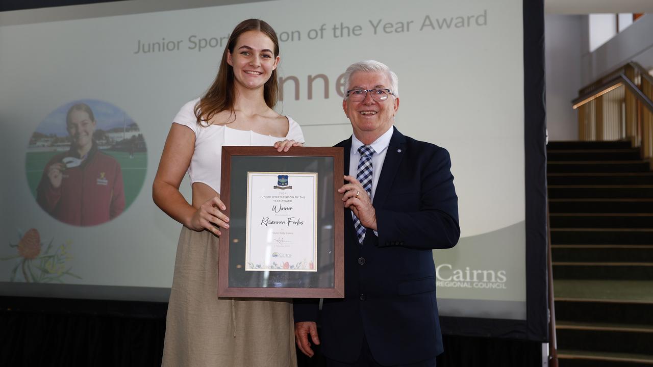 Rhiannon Forbes was awarded the Junior Sportsperson of the Year by Cairns Mayor Terry James at a formal ceremony at the Cairns Performing Arts Centre. Picture: Brendan Radke