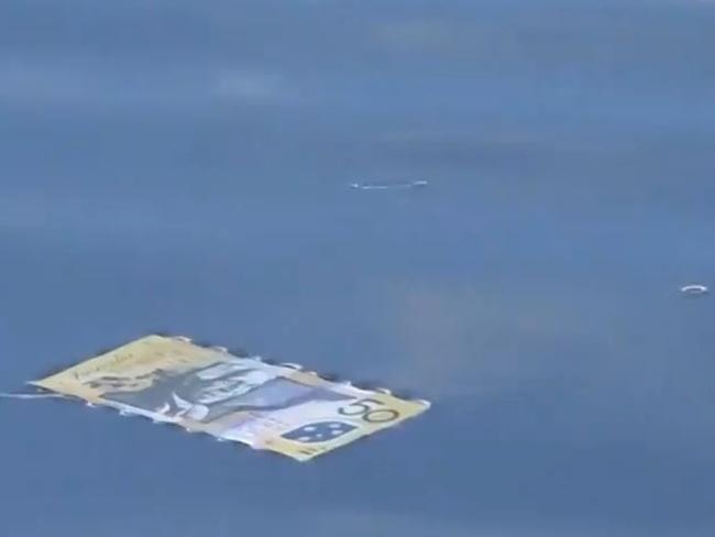 Cash floating down Wollongong river. Picture: Channel 9.