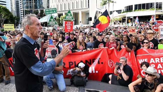 Bob Brown addresses protesters outside the Adani Headquarters in Brisbane on Monday. Picture: AAP/Dave Hunt