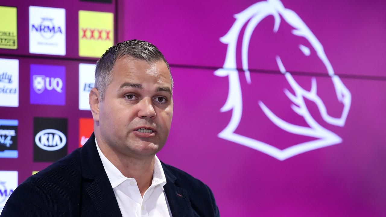 BRISBANE, AUSTRALIA - AUGUST 26: Brisbane coach Anthony Seibold speaks to the media during a Brisbane Broncos NRL media opportunity at the Clive Berghofer Centre on August 26, 2020 in Brisbane, Australia. (Photo by Jono Searle/Getty Images)