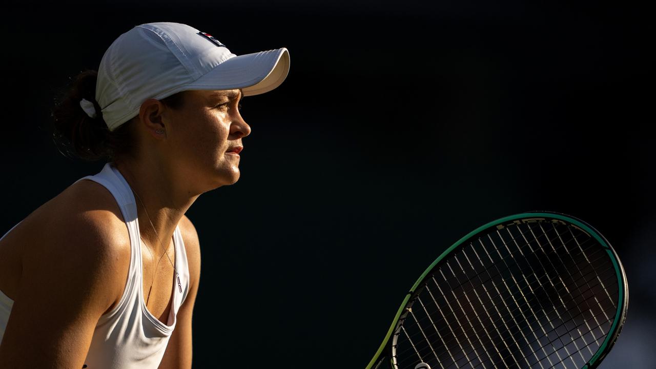 LONDON, ENGLAND - JULY 03: Ashleigh Barty of Australia looks on during her Ladies' Singles third Round match against Katerina Siniakova of The Czech Republic during Day Six of The Championships - Wimbledon 2021 at All England Lawn Tennis and Croquet Club on July 03, 2021 in London, England. (Photo by AELTC/Jed Leicester - Pool/Getty Images)