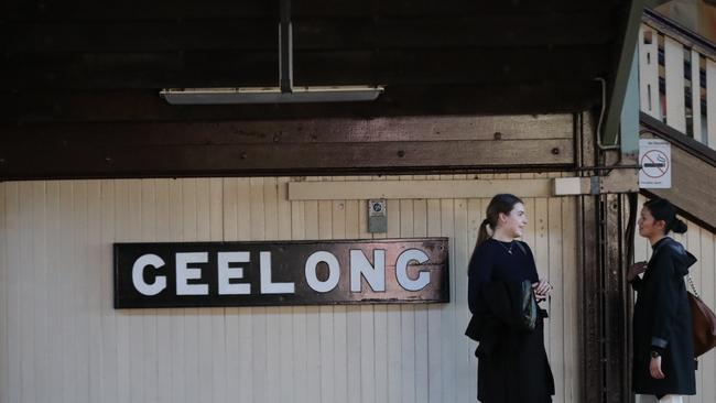 People boarding, disembarking, waiting, for V/line trains at Geelong Station. Picture: Peter Ristevski