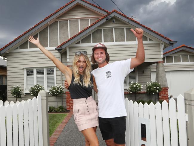 The Block winners Josh &amp; Elyse outside their own home in Melbourne’s Coburg. Picture: David Crosling