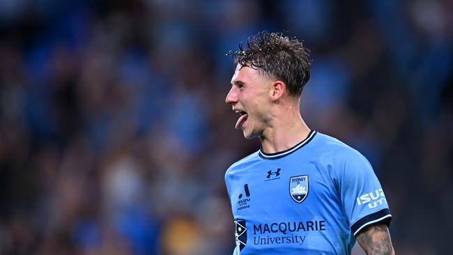 SYDNEY, AUSTRALIA - JANUARY 11: Adrian Segecic of Sydney FC celebrates scoring his second goal during the round 13 A-League Men match between Sydney FC and Central Coast Mariners at Allianz Stadium, on January 11, 2025, in Sydney, Australia. (Photo by Albert Perez/Getty Images)