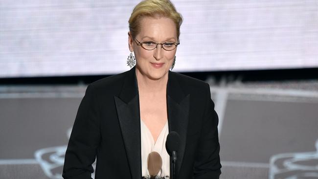 Meryl Streep presents the in memoriam tribute at the Oscars on Sunday, Feb. 22, 2015, at the Dolby Theatre in Los Angeles. (Photo by John Shearer/Invision/AP)