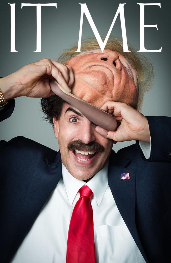 A poster released for the film sees Cohen pulling of a Trump mask he wears in the film. Picture: Supplied/ Twitter