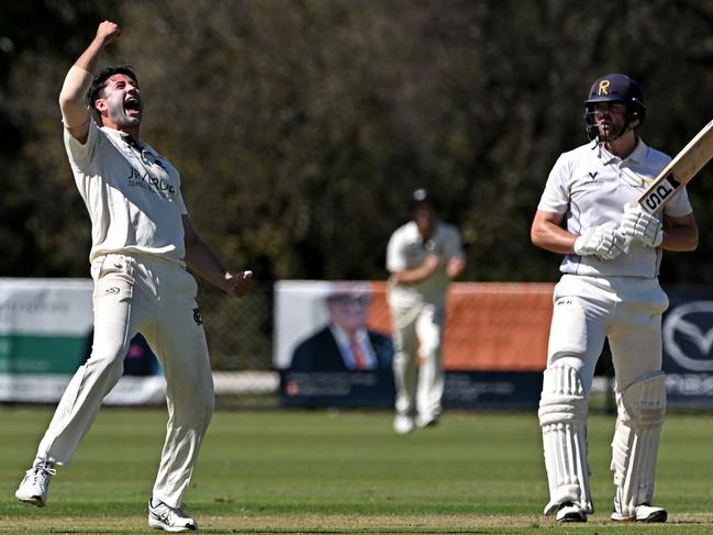 PrahranÃs Aidan Wheeler celebrates the wicket of RingwoodÃs Jackson Freeman, right during the Premier Cricket Ringwood v Prahran match at Russell Lucas Ova in Ringwood, Saturday, March 11, 2023.Picture: Andy Brownbill