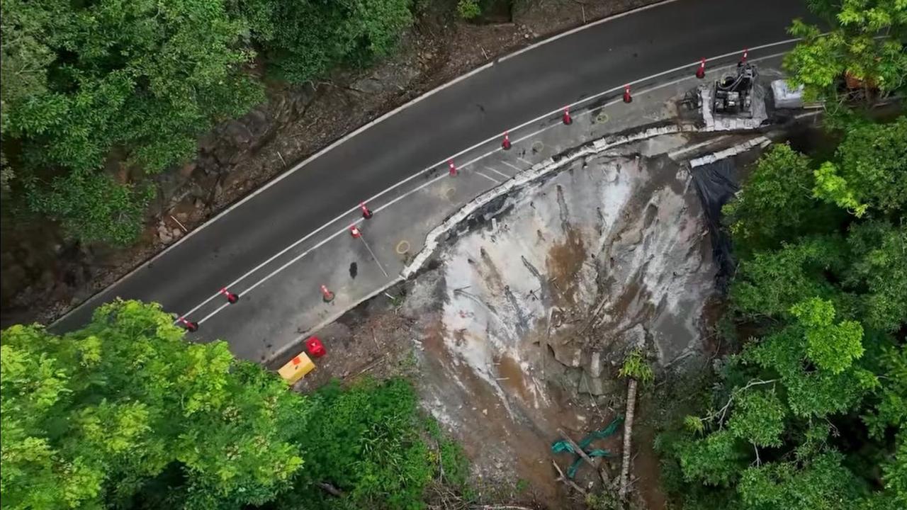 An aerial view of the damaged Kuranda Range Rd, which has been hit by regular closures. Picture: TMR