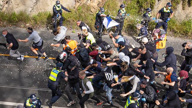 Melbourne’s streets are overrun by demonstrators during the Richmond protest. Picture: Jason Edwards