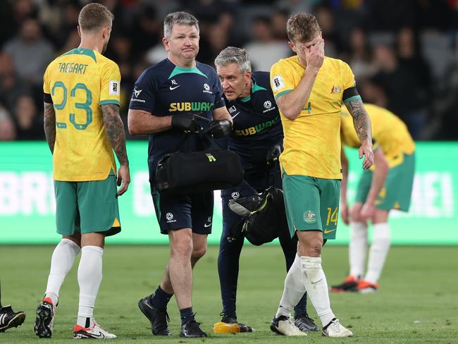 Socceroos star Riley McGree leaves the field injured during the FIFA World Cup 2026 Qualifier against Lebanon. Picture: Getty Images