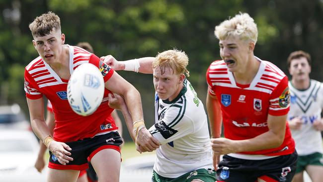 L to R: Rhys O'Dea from  Illawarra South Coast Dragons  Zane Saunders  for Western Rams and Lexin O'Dea from Illawarra South Coast Dragons.  Picture: John Appleyard. Laurie Daley Cup 2025 Round 1, Illawarra South Coast Dragons vs Western Rams at Ron Costello Oval, Shellharbour.  9 February 2025. Picture: John Appleyard