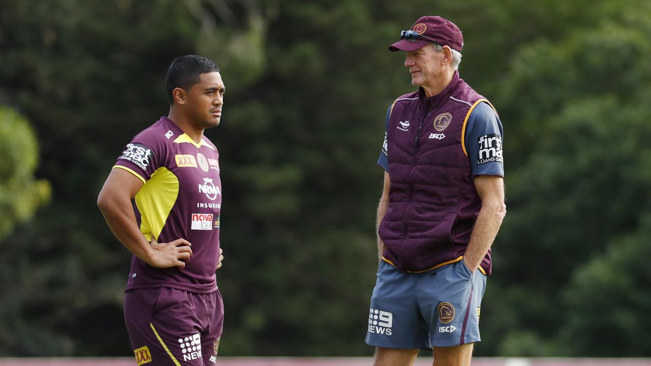 Anthony Milford and Wayne Bennett at the Broncos Saturday Morning training session at Red Hill. Photo Lachie Millard