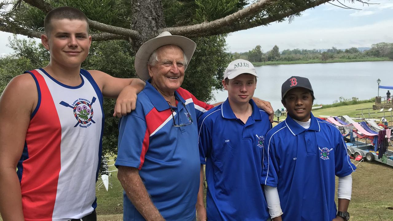 93-year-old Lower Clarence Rowing Club coach Harold Kratz with Royce McIntyre, Cody Hamel and Rene San Andres at the 2020 Grafton Rowing Club Regatta.