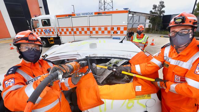 Sth Barwon SES members have started training again after not being able to amid covid. left: Sth Barwon SES members Caroline Taylor, Anne Moreillon and Peter Ryan. picture: Glenn Ferguson