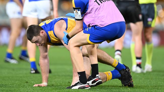 Jeremy McGovern was left dazed and confused after copping one to the face in a marking contest. Picture: Getty Images