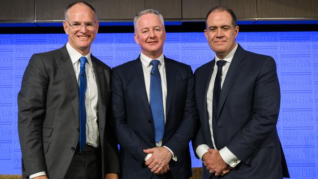 News Corp executive chairman Australasia Michael Miller, Nine chief executive Hugh Marks and ABC managing director David Anderson in Canberra. Picture: AAP