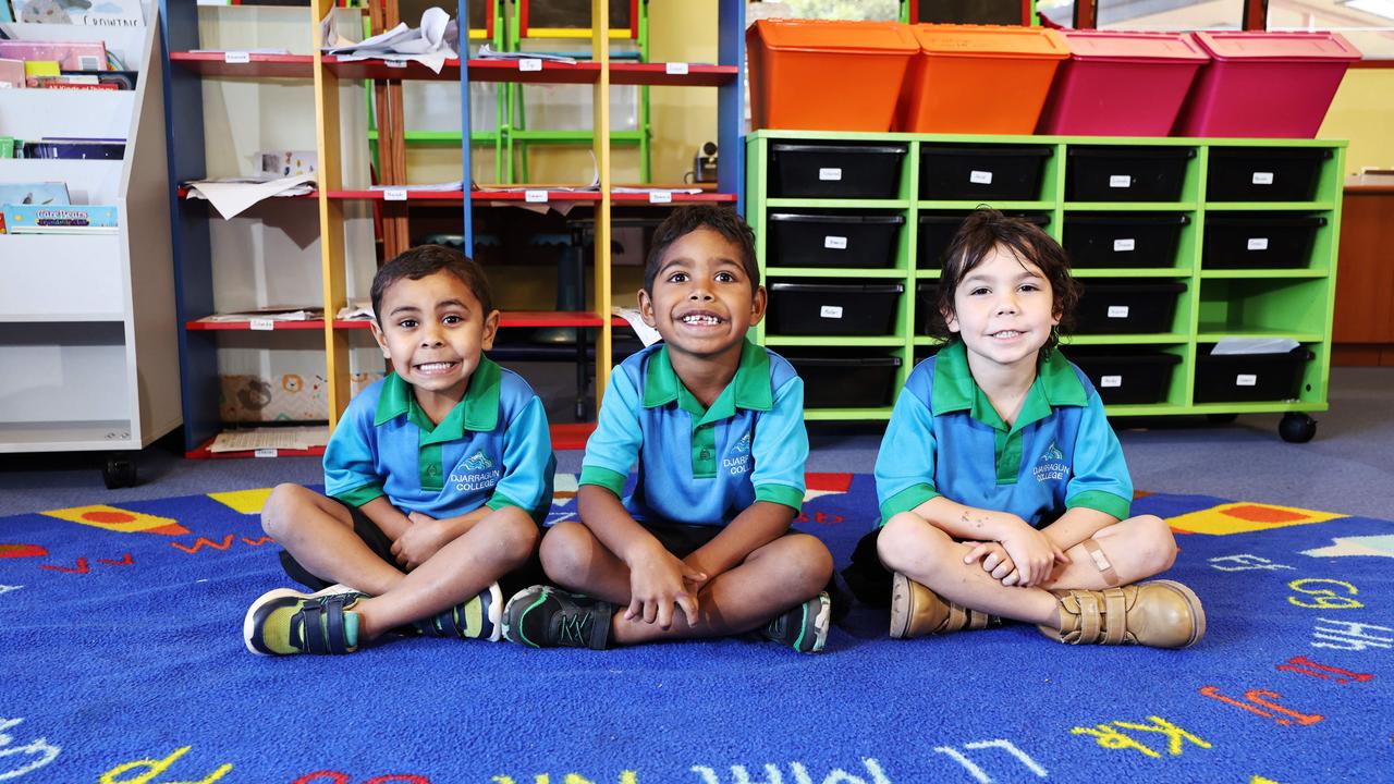 My First Year 2025 – Djarragun College. From left: Rocky, Ty, Matari. Picture. Picture: Brendan Radke