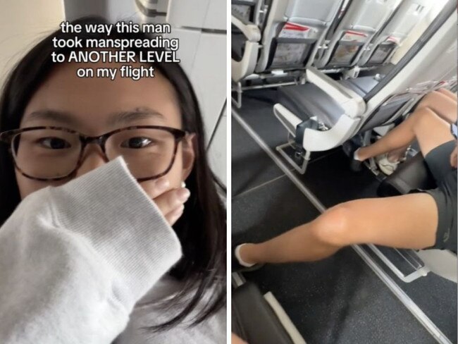 Manspreading on flight sparks huge debate. Picture: TikTok / @claireandpeter