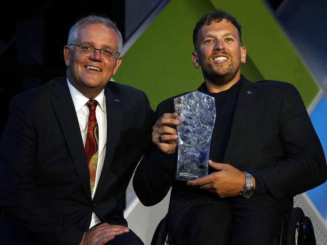 CANBERRA, AUSTRALIA NewsWire Photos JANUARY 25, 2022: The 2022 Australian of the Year Award Dylan Alcott OAM, with Prime Minister Scott Morrison.Picture: NCA NewsWire / Gary RamagePicture: NCA NewsWire / Gary Ramage