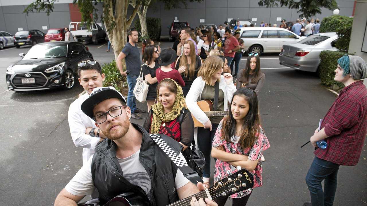 Reece Fitzgibbon entertains crowds at The X Factor auditions at Burke and Wills Hotel. Picture: Kevin Farmer