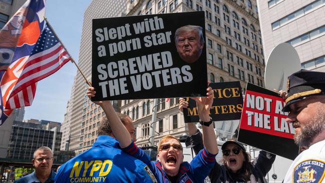 Protesters gather at a news conference held by supporters of former president Donald Trump outside Manhattan criminal court in New York on May 20, 2024. Picture: Spencer Platt / Getty Images via AFP