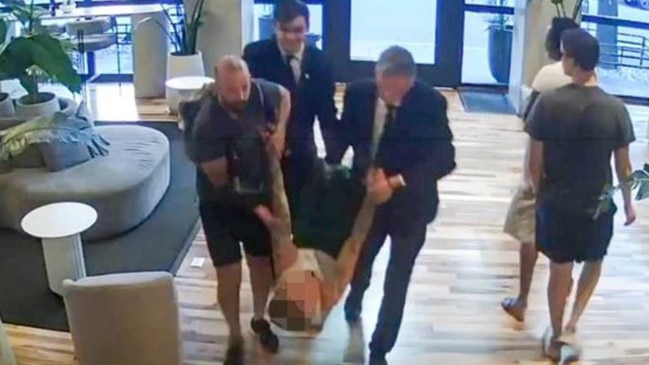 Supplied CCTV from the hotel lobby shows Payne being carried back to his hotel room before his death.