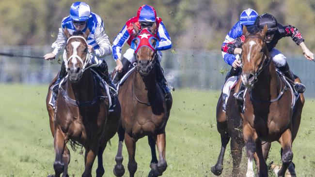 Raging Bull (red and blue cap) is out to cause an upset in the Group 1 Spring Champion Stakes. Picture: Getty Images