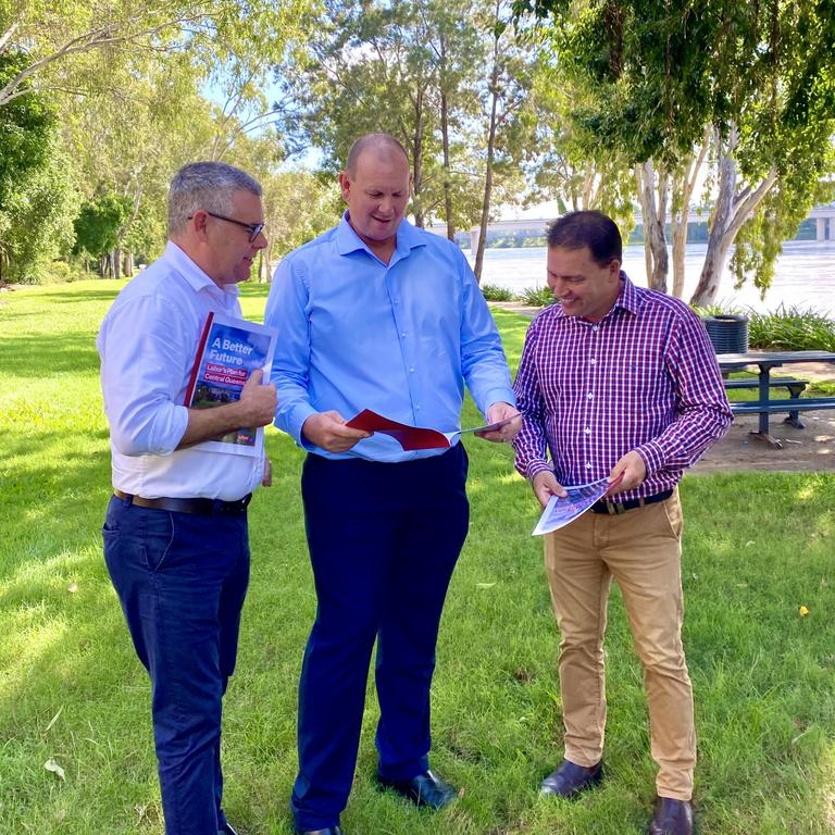 Labor Senator Murray Watt alongside ALP candidates for Flynn and Capricornia, Matt Burnett and Russell Robertson. Picture: Larah Fedalto