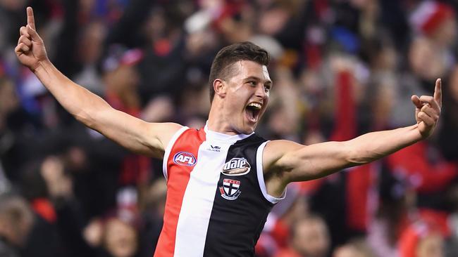 Young gun Rowan Marshall celebrates a goal for the Saints. Picture: Getty Images