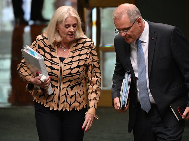 Minister for Industry Karen Andrews and Prime Minister Scott Morrison arrive for Question Time in the House of Representatives at Parliament House in Canberra, Wednesday, October 24, 2018. (AAP Image/Mick Tsikas) NO ARCHIVING