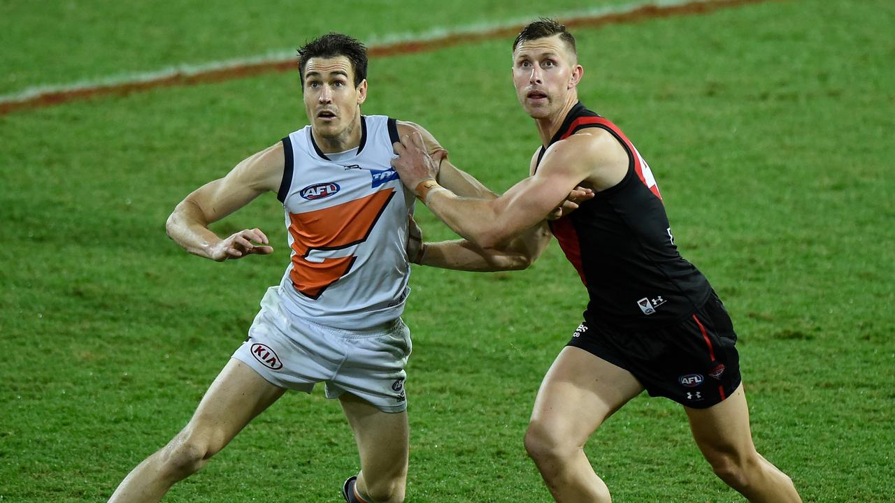 Jeremy Cameron of the Giants kicked two goals against Shaun McKernan’s Essendon. Picture: Matt Roberts