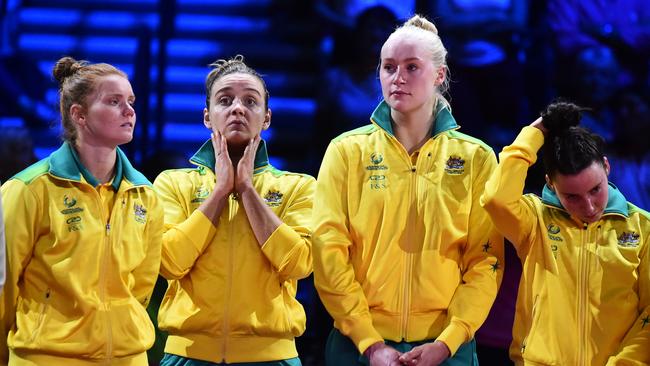 Stephanie Wood, Liz Watson, Jo Weston and Kelsey Browne look dejected after losing the World Cup final. Picture: Getty Images