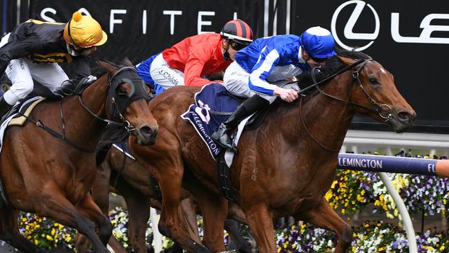 Crystal Bound finishes strongly to win at Flemington. Picture: Getty Images