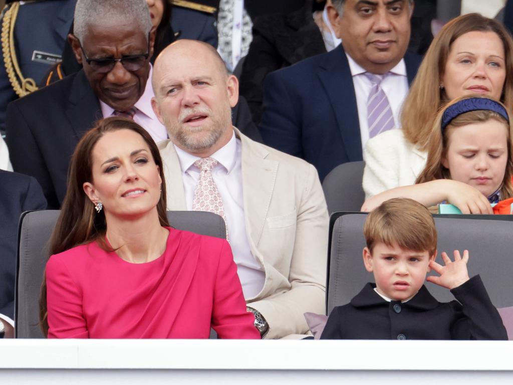 (L-R) Mike Tindall, Victoria Starmer, Mia Tindall, Catherine, Duchess of Cambridge and Prince Louis of Cambridge, wait ahead of the Platinum Pageant. Picture: Getty Images