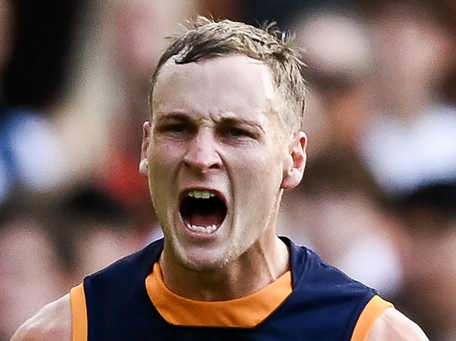 ADELAIDE, AUSTRALIA - MAY 03: Jordan Dawson of the Crows   cagduring the round eight AFL match between Adelaide Crows and Carlton Blues at Adelaide Oval, on May 03, 2025, in Adelaide, Australia. (Photo by Mark Brake/Getty Images)