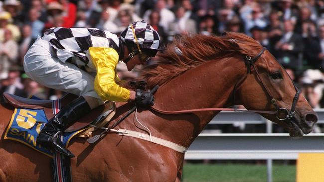 Saintly, ridden by Darren Beadman, wins the 1996 Melbourne Cup. Picture: Darren Tindale