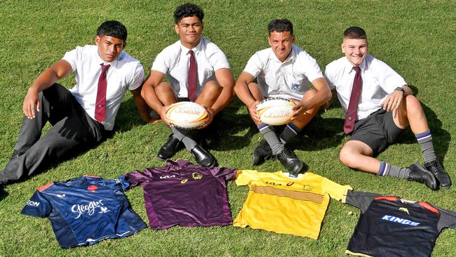 Peter Benjamin Uini, Karl Oloapu, Jared Horne and Charlie Dickson. Wavell SHS boys who have signed with NRL clubs. Thursday April 21, 2022. Picture, John Gass