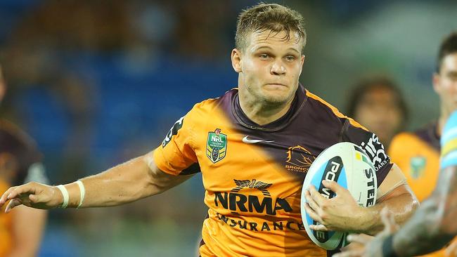 GOLD COAST, AUSTRALIA - APRIL 03: Dale Copley of the Broncos runs the ball during the round five NRL match between the Gold Coast Titans and the Brisbane Broncos at Cbus Super Stadium on April 3, 2015 in Gold Coast, Australia. (Photo by Chris Hyde/Getty Images)