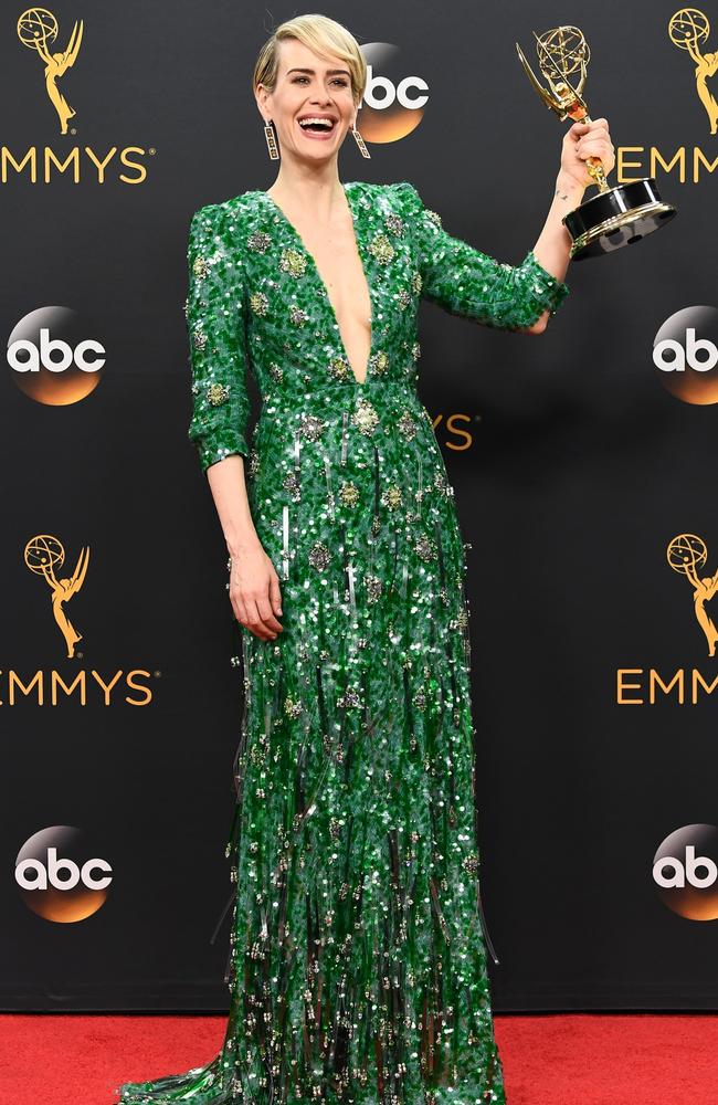 Actress Sarah Paulson, winner of Best Actress in a Mini-Series or Movie for “The People v. O. J. Simpson: American Crime Story” at the 2016 Emmys. Picture: Frazer Harrison/Getty Images